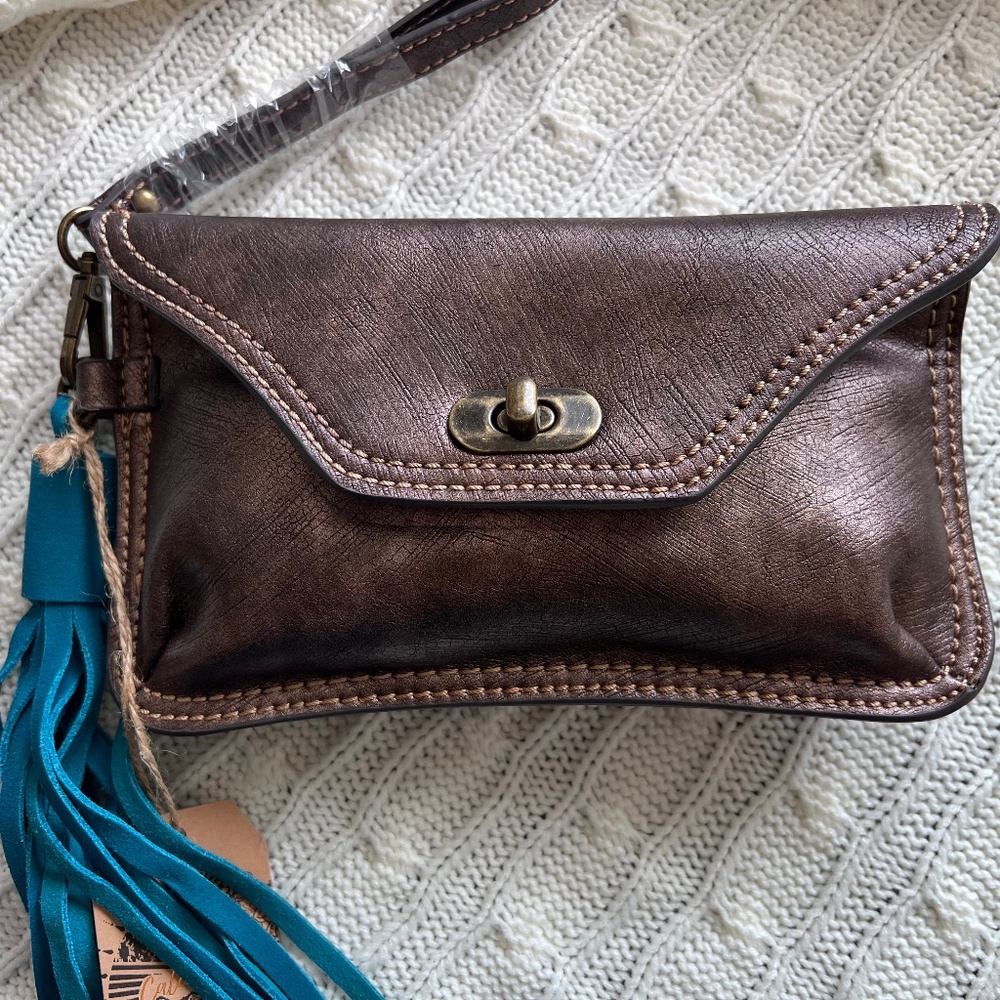 Catchfly clutch Wristlet Brushed Metallic Brown Leather Mini Bag Purse
